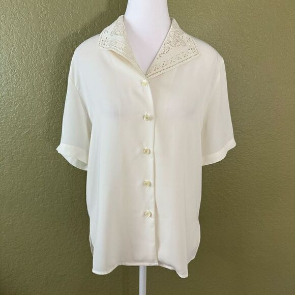 Vintage Lord & Taylor Women’s 4 Embroidered Lace Button Down Shirt Top Pearl - Picture 1 of 7